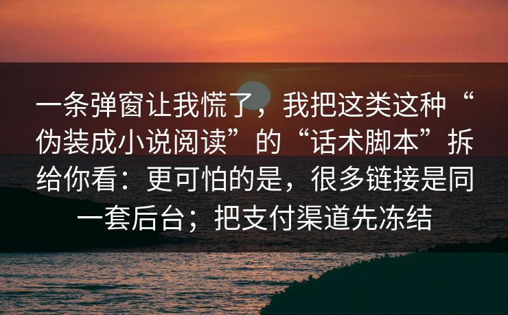一条弹窗让我慌了，我把这类这种“伪装成小说阅读”的“话术脚本”拆给你看：更可怕的是，很多链接是同一套后台；把支付渠道先冻结